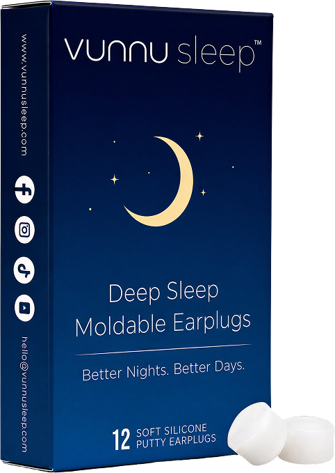 A box of Vunnu Sleep Deep Sleep Moldable Earplugs with the earplugs beside it